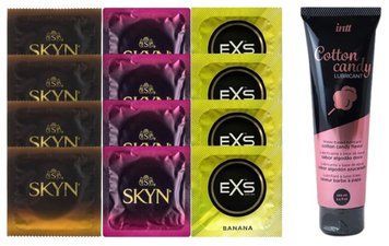 Комплект: Лубрикант Intt Cotton Candy (100мл) +8 шт. SKYN+4 шт. EXS Mixed Flavors Banana SOS10456 фото