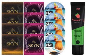 Набір:  Лубрикант Intt Strawberry (100 мл) + 4 шт SKYN passion daiquiri + 4 шт SKYN CHERRY SUNRISE + 4 шт ONE Island Punch SOS10354 фото