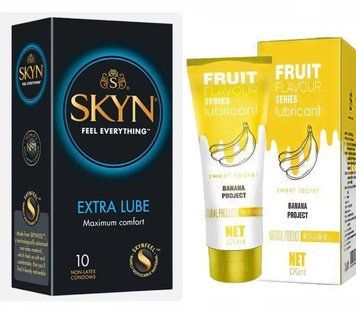 Набір :Skyn Exstra Lube (10 шт) та Лубрикант OLO SWEET SECRET с ароматом банана 120ml SOS47 фото