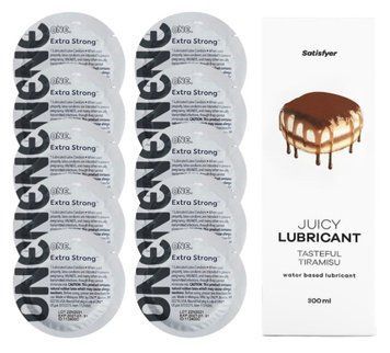 Комплект ONE Extra strong 10 шт. + Лубрикант Satisfyer Juicy Lubricant Tasteful Tiramisu (300 мл) SOS12256 фото