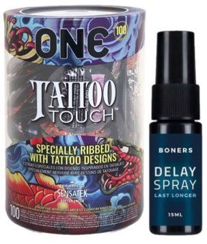 Набор из ONE Tattoo Touch, 100 шт + Пролонгатор Boners Delay Spray 15 мл SOS9154 фото