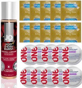 Набор 20 шт Pasante King Size и ONE Tattoo Touch + System JO H2O - Cherry Burst (30 мл) SOS4909 фото