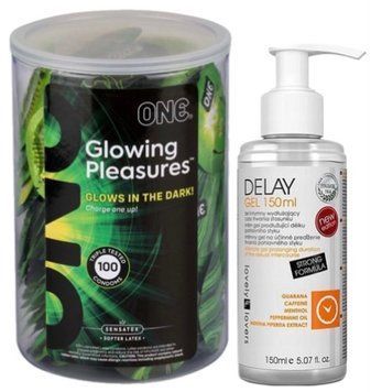 Набір з ONE Glowing Pleasures, 100 шт + Пролонгатор Lovely Lovers DELAY GEL 150ml SOS9549 фото