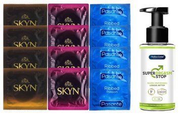 Комплект: Пролонгатор Super Orgasm Stop Гель (150 мл) + 8 шт. SKYN + 4 шт. Pasante Ribbed SOS10783 фото