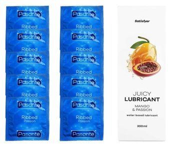 Комплект Pasante Ribbed 10 шт. + Лубрикант Satisfyer Juicy Lubricant Mango & Passion (300 мл) SOS12107 фото