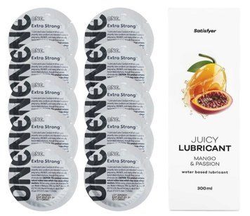 Комплект ONE Extra strong 10 шт. + Лубрикант Satisfyer Juicy Lubricant Mango & Passion (300 мл) SOS12257 фото