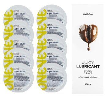 Комплект 𝐎𝐍𝐄 𝐒𝐮𝐩𝐞𝐫 𝐒𝐭𝐮𝐝𝐬 10 шт. + Лубрикант Satisfyer Juicy Lubricant Crazy Crave (300 мл) SOS12357 фото