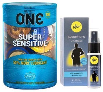 Набор из ONE Super Sensitive 100 шт + Пролонгатор pjur Superhero Ultimate Spray 20 мл SOS9499 фото