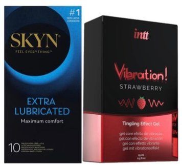 Набір з SKYN Extra Lube (10 шт) + Рідкий вібратор Intt Vibration Strawberry (15 мл) SOS10205 фото