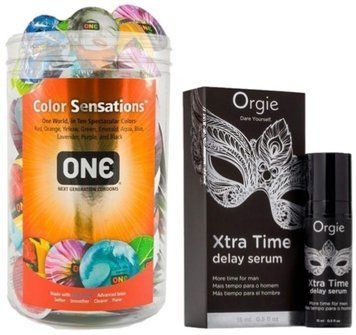 Набор из ONE Color Sensations 100 шт + Пролонгатор Orgie Xtra Time Delay Serum, 15 мл SOS9188 фото