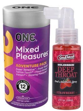 Комплект 12 шт ONE Mixed Pleasures + Спрей Doc Johnson GoodHead DeepThroat Spray Sweet Strawberry 59 мл SOS6107 фото