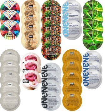 Набір з 39 шт ONE Extreme Ribs + ONE Vanish + ONE Tattoo + ONE Sensitive + ONE Glowing + ONE Pleasure Dome + ONE Bubblegum + ONE Extra Strong + ONE Legend XL + ONE Classic Select SOS8319 фото