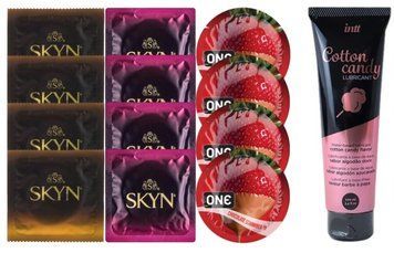 Комплект: Лубрикант Intt Cotton Candy (100 мл) + 8 шт SKYN + 4 шт ONE Chocolate Strawberry SOS10412 фото