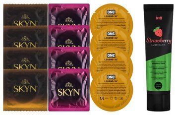 Набір:  Лубрикант Intt Strawberry (100 мл) + 4 шт SKYN passion daiquiri + 4 шт SKYN CHERRY SUNRISE + 4 шт 𝐎𝐍𝐄 𝐋𝐞𝐠𝐞𝐧𝐝 𝐗𝐋 SOS10361 фото