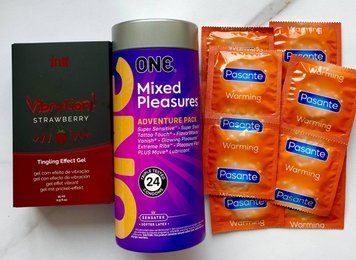 Комплект 36 шт ONE Mixed Pleasures + Pasante Warming + Рідкий вібратор Intt Vibration Strawberry (15 мл) SOS1549 фото