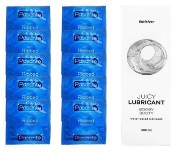 Комплект Pasante Ribbed 10 шт. + Лубрикант Satisfyer Juicy Lubricant Boogy Booty (300 мл) SOS12113 фото