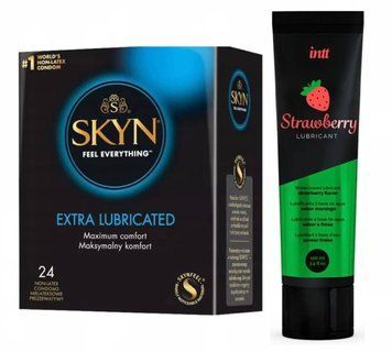 Набір : Skyn Exstra Lube 24 шт та Лубрикант  Intt Strawberry (100 мл) SOS71 фото