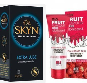 Набір : Skyn Exstra Lube (10 шт) та Лубрикант OLO зі смаком полуниці 120 мл  SOS54 фото