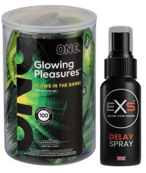Набір з ONE Glowing Pleasures, 100 шт + Пролонгатор EXS DELAY SPRAY 50 МЛ SOS9550 фото