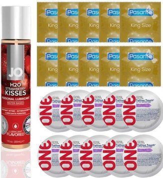 Набор 20 шт Pasante King Size и ONE Tattoo Touch + System JO H2O - Strawberry Kiss (30 мл) SOS4910 фото