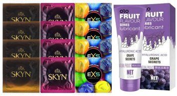Комплект: Лубрикант OLO со вкусом винограда (120 мл) + 8 шт. SKYN + 4 шт. EXS BUBBLEGUM SOS10684 фото