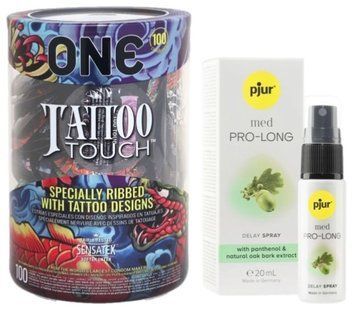 Набор из ONE Tattoo Touch, 100 шт + Пролонгатор pjur MED Prolong Spray 20 мл SOS9155 фото