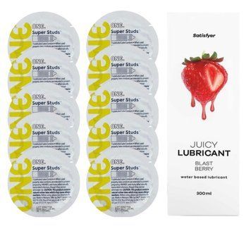 Комплект 𝐎𝐍𝐄 𝐒𝐮𝐩𝐞𝐫 𝐒𝐭𝐮𝐝𝐬 10 шт. + Лубрикант Satisfyer Juicy Lubricant Blast Berry (300 мл) SOS12358 фото