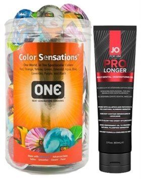 Набор из ONE Color Sensations 100 шт + Пролонгатор System JO Prolonger Gel (60 мл) SOS9195 фото