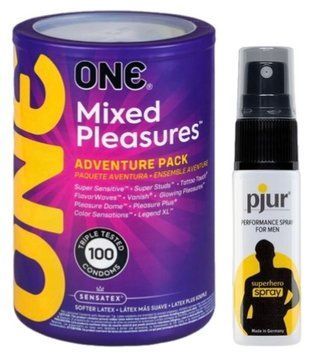 Набор из ONE Mixed Pleasures 100 шт + Пролонгатор pjur Superhero Spray 20 мл SOS9456 фото