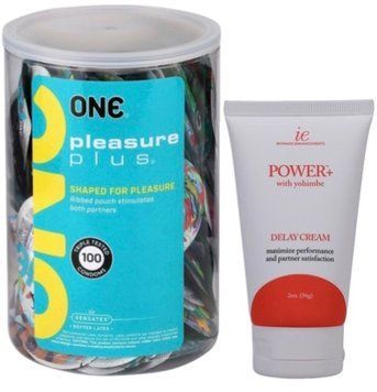 Набор из ONE Pleasure Plus, 100 шт + Пролонгатор Doc Johnson Power+ с Yohimbe Delay Cream For Men 56 г SOS9112 фото