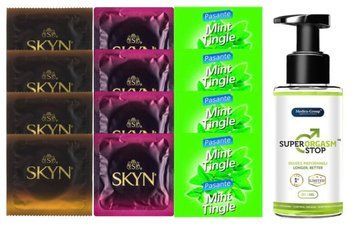 Комплект: Пролонгатор Super Orgasm Stop Гель (150 мл) + 8 шт SKYN + 4 шт Pasante Mint Tingle SOS10790 фото