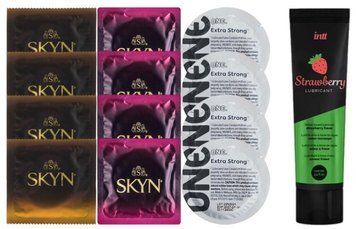 Набір:  Лубрикант Intt Strawberry (100 мл) + 4 шт SKYN passion daiquiri + 4 шт SKYN CHERRY SUNRISE + 4 шт ONE Extra strong SOS10362 фото