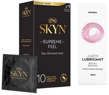 Комплект Лубрикант Satisfyer Juicy Lubricant Booty Silicon 150 мл + Skyn Supreme Feel 10 шт SOS12666 фото