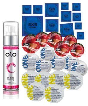 Комплект 30 шт One Super Studs, Classic, Flavor Waves и EXS Cooling - Лубрикант согревающий OLO (60 мл) SOS3411 фото