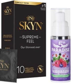 Набір з Skyn Supreme Feel 10 шт + Рідкий вібратор 5th Paradise Liquid Vibrator &mdash; Червоні ягоди (30 мл)  SOS10263 фото