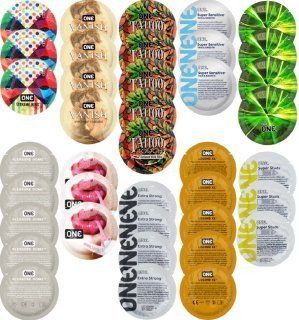 Набір з 39 шт ONE Extreme Ribs + ONE Vanish + ONE Tattoo + ONE Sensitive + ONE Glowing + ONE Pleasure Dome + ONE Bubblegum + ONE Extra Strong + ONE Legend XL + ONE Super Studs SOS8321 фото