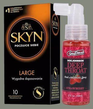Комплект SKYN Large 10 шт + Спрей  Doc Johnson GoodHead DeepThroat Spray Sweet Strawberry 59 мл SOS5567 фото