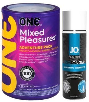 Набор из ONE Mixed Pleasures 100 шт + Пролонгатор System JO Prolonger Spray with Benzocaine (60 мл) SOS9457 фото