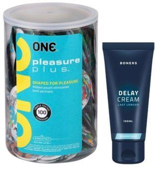 Набор из ONE Pleasure Plus, 100 шт + Пролонгатор Boners Delay Cream 100 мл SOS9113 фото