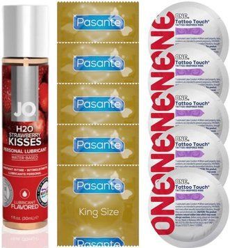 Набор 10 шт Pasante King Size и ONE Tattoo Touch + System JO H2O &mdash; Strawberry Kiss (30 мл) SOS4917 фото