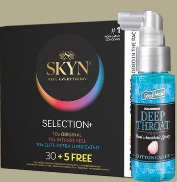 Комплект Skyn Selection 30 шт + 5 of 5 Senses , 35 шт + Спрей  Doc Johnson GoodHead Deep Throat Spray Cotton Candy 59 мл SOS5517 фото
