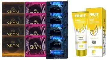 Комплект: Лубрикант OLO Banana (120мл) + 8 шт. SKYN + 4 шт. Pasante Extra Safe SOS10493 фото