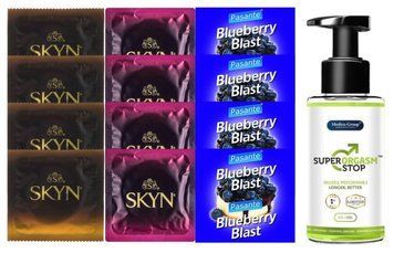 Комплект: Пролонгатор Super Orgasm Stop Гель (150 мл) + 8 шт SKYN + 4 шт Pasante Blueberry SOS10791 фото