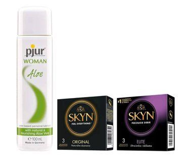 Набір: SKYN ORIGINAL &mdash; 3 шт, SKYN Elite &mdash; 3 шт та Лубрикант Pjur Woman Aloe &mdash; 100 мл SOS903 фото