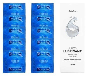 Комплект Pasante Ribbed 10 шт. + Лубрикант Satisfyer Juicy Lubricant Smooth Silicon (150 мл) SOS12115 фото