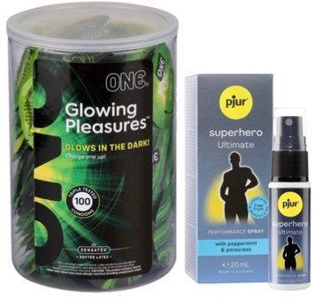 Набор из ONE Glowing Pleasures, 100 шт + Пролонгатор pjur Superhero Ultimate Spray 20 мл SOS9557 фото