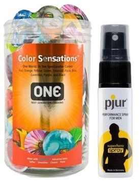 Набор из ONE Color Sensations 100 шт + Пролонгатор pjur Superhero Spray 20 мл SOS9197 фото