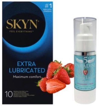 Набор из SKYN Extra Lube (10 шт) + Жидкий вибратор 5th Paradise Liquid Vibrator &mdash; Клубника (30 мл) SOS10164 фото