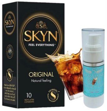 Набір з SKYN Original (10 шт)   + рідки вібратор 5th Paradise Liquid Vibrator &mdash; Кола (30 мл)  SOS9868 фото