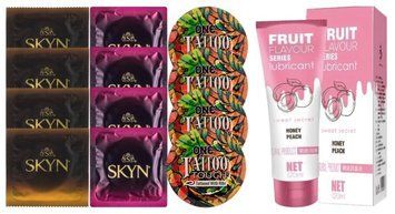 Комплект: Лубрикант OLO со вкусом персика (120 мл) + 8 шт. SKYN + 4 шт. ONE Tattoo Touch SOS10545 фото
